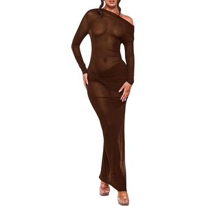 image:imageFloerns Womens Asymmetrical Neck Sheer Mesh Long Sleeve Evening Bodycon Maxi DressCoffee Brown