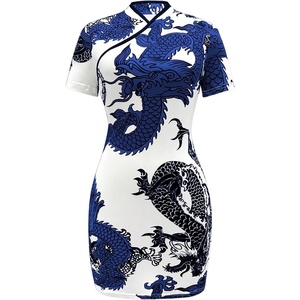 image:imageFloerns Womens Cheongsam Chinese Traditional Dragon Print Qipao Bodycon Mini DressBlue