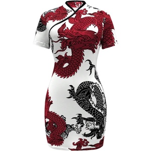 image:imageFloerns Womens Cheongsam Chinese Traditional Dragon Print Qipao Bodycon Mini DressRed Multi