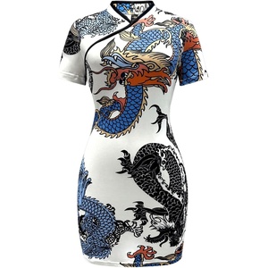 image:imageFloerns Womens Cheongsam Chinese Traditional Dragon Print Qipao Bodycon Mini DressWhite Multi