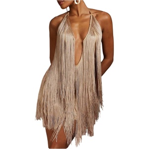 image:imageFloerns Womens Fringe Halter Dress Open Back Party Bodycon Mini DressesKhaki