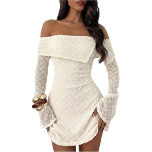 image:imageFloerns Womens Jacquard Off The Shoulder Mini Dress Long Sleeve Wedding Guest DressesApricot