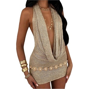 image:imageFloerns Womens Knit Draped Halter Mini Dress Tie Backless Beach Vacation Bodycon DressesGold