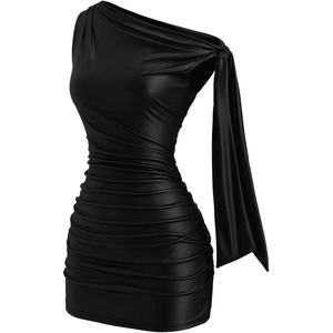 image:imageFloerns Womens Leather Off The Shoulder Mini Dress Knot Ruched Festival Concert Outfit Bodycon DressesBlack
