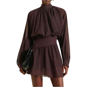 image:imageFloerns Womens Long Sleeve Mini Dress Mock Neck Cinched Waist DressesBrown