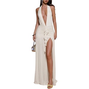image:imageFloerns Womens Mesh Backless Halter Maxi Dress Split Ruffle Trim Going Out Party DressesApricot