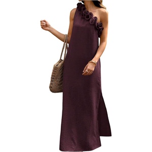 image:imageFloerns Womens One Shoulder Side Slit Maxi Dress 3D Flower Flowy DressesBurgundy
