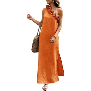 image:imageFloerns Womens One Shoulder Side Slit Maxi Dress 3D Flower Flowy DressesOrange