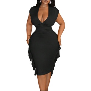 image:imageFloerns Womens Plus Size Fringe Midi Dress Deep V Neck Cocktail DressesBlack