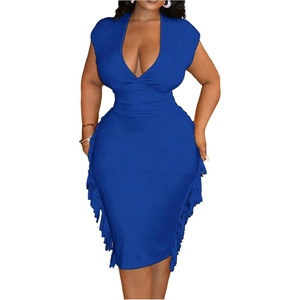 image:imageFloerns Womens Plus Size Fringe Midi Dress Deep V Neck Cocktail DressesBlue