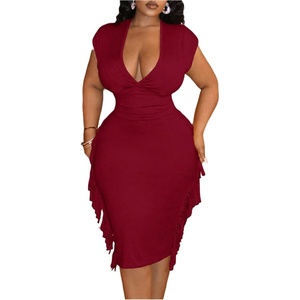 image:imageFloerns Womens Plus Size Fringe Midi Dress Deep V Neck Cocktail DressesBurgundy