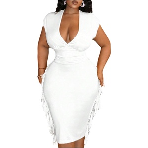 image:imageFloerns Womens Plus Size Fringe Midi Dress Deep V Neck Cocktail DressesWhite