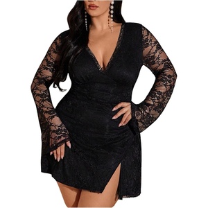 image:imageFloerns Womens Plus Size Lace Mini Dress Long Sleeve V Neck Bodycon Split Formal Party DressesBlack