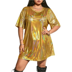 image:imageFloerns Womens Plus Size Metallic PU Leather T Shirt Rave Outfits DressGold