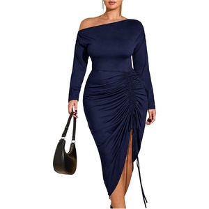 image:imageFloerns Womens Plus Size Off The Shoulder Sexy Bodycon Midi Dress Drawstring Slit Hem Long Sleeve Elegant Party DressesDark Blue