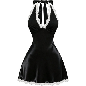 image:imageFloerns Womens Plus Size Satin Lace Trim Sleeveless Halter A Line DressesBlack