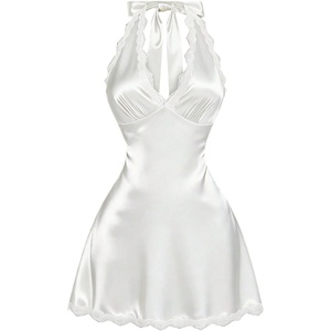 image:imageFloerns Womens Plus Size Satin Lace Trim Sleeveless Halter A Line DressesWhite