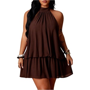 image:imageFloerns Womens Plus Size Sleeveless Halter Dress Tie Backless Ruffle A Line Going Out Mini DressesBrown