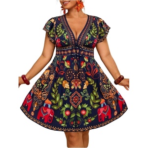 image:imageFloerns Womens Plus Size Tropical V Neck Summer Beach Vacation Dress Tie Front Ruffle A Line Boho DressesDark Blue