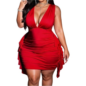 image:imageFloerns Womens Plus Size V Neck Sleeveless Tank Ruffle Bodycon Mini DressRed