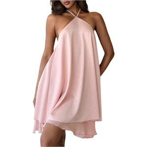 image:imageFloerns Womens Satin Halter Tie Open Back Sleeveless Short DressesPink