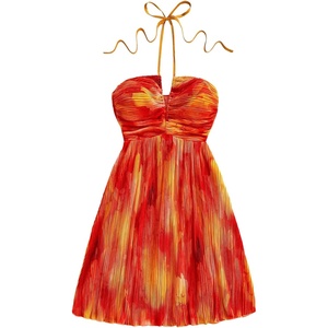 image:imageFloerns Womens Tie Dye A Line Flowy Halter Mini Dress Sleeveless Ruched Flare Hem SundressesOrange
